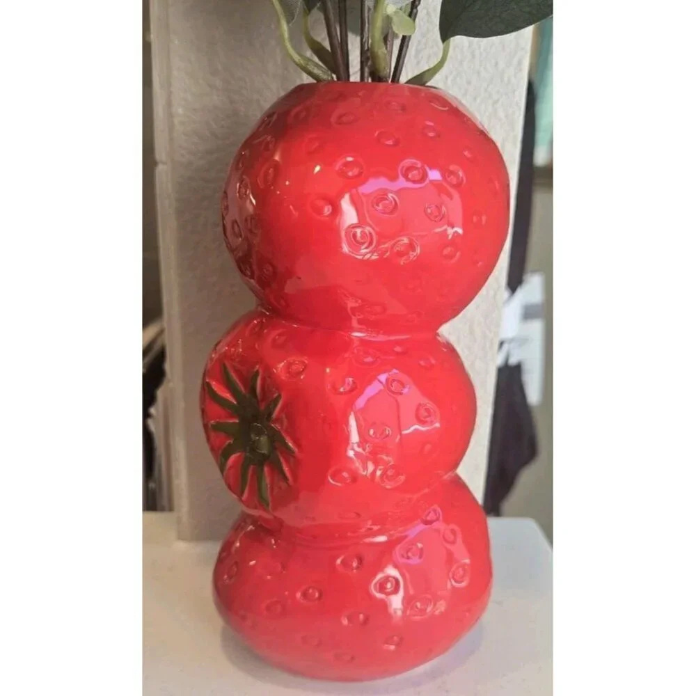 New Red Strawberries Summer Stacked Vase W/ Artifi / Fake Plant Room Home Decor